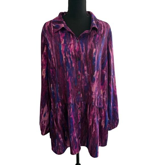 LOGO Lori Goldstein Purple Artsy Abstract Button Down Tunic Top Plus Size 1X - Picture 1 of 7